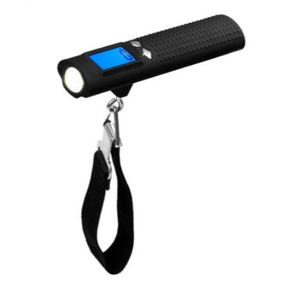 Black handheld luggage scale with digital display on a white background