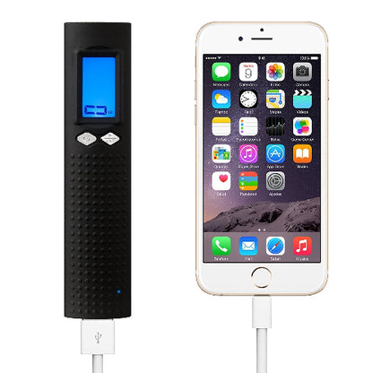 Black digital voice recorder with a white phone displaying app icons on a white background