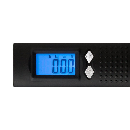 Digital scale with blue display on a white background