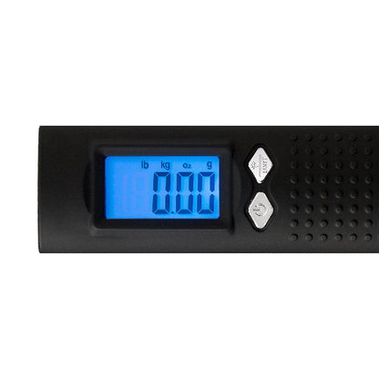 Digital scale with blue display on a white background