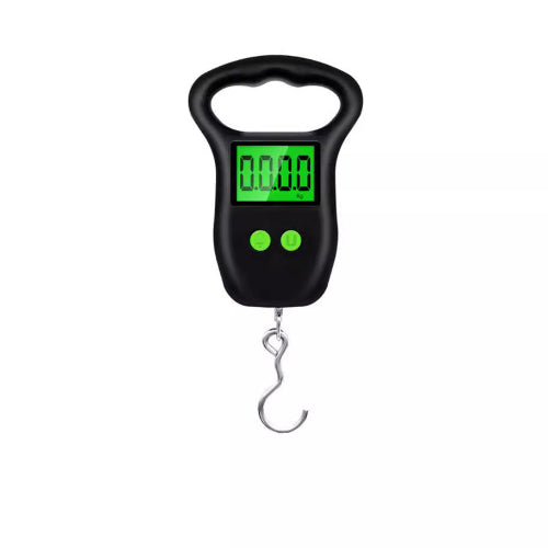 Digital hanging scale with a black casing and green display on a white background