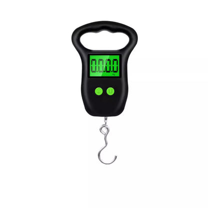 Digital hanging scale with a black casing and green display on a white background