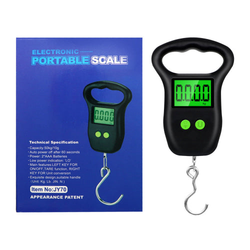 Electronic portable scale with digital display and packaging on a white background