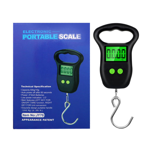 Electronic portable scale with digital display and packaging on a white background